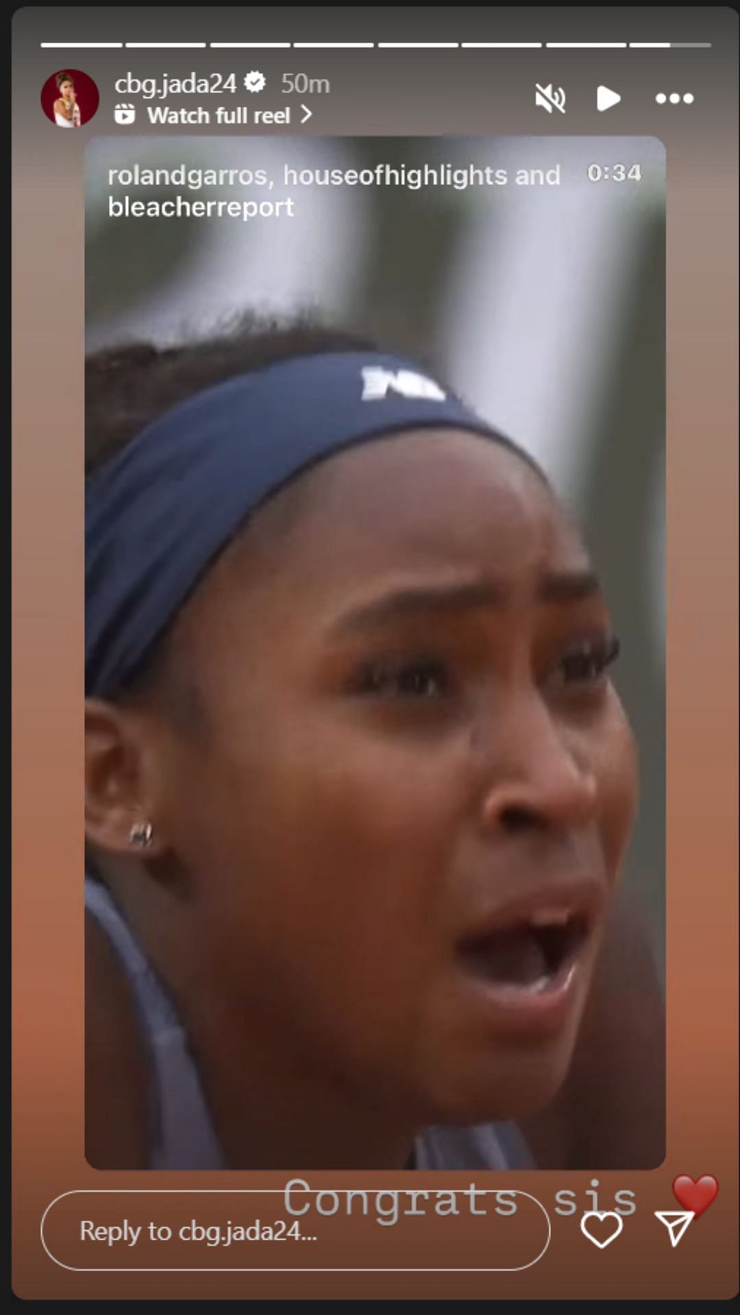 Iowa State's Jada Williams congratulates tennis star Coco Gauff for winning the women's 2025 Roland Garros title on IG story. Image via @cbg.jada24